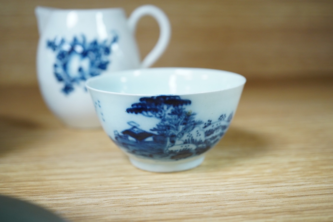 A group of 18th century Worcester and Liverpool porcelain teaware and a Caughley Cormorant fisherman butter tub and cover.